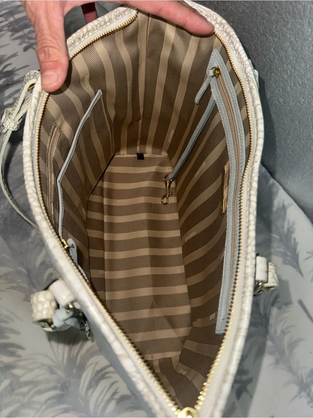 Brahmin Powder Blue Tote with White Croc-Trim